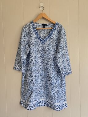 Lands' End Tunic Shift Dress Blue Batik Block Print Embroidery V-neck Beach L